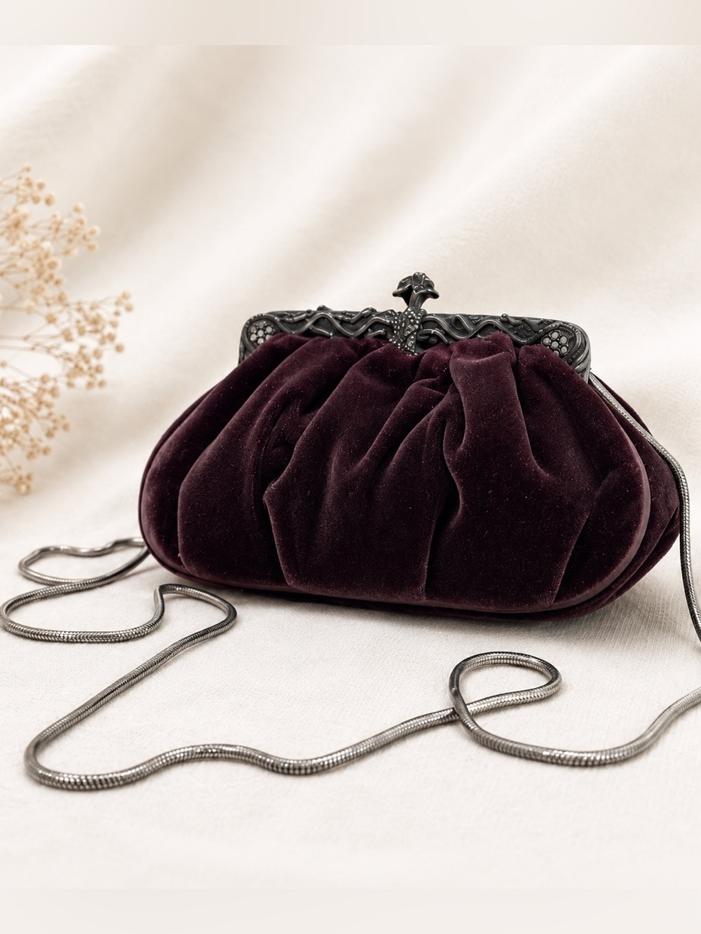 Valerie Stevens Velvet Evening Clutch in Deep Wine with Gunmetal Chain